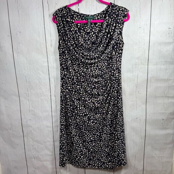 Lauren Ralph Lauren Ruched Cowl Neck Sleeveless Stretch Sheath Casual Midi Dress - Picture 1 of 15